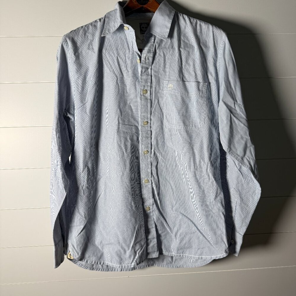 Timberland Button Down Long Sleeve Blue & White Stripe Shirt Size Medium